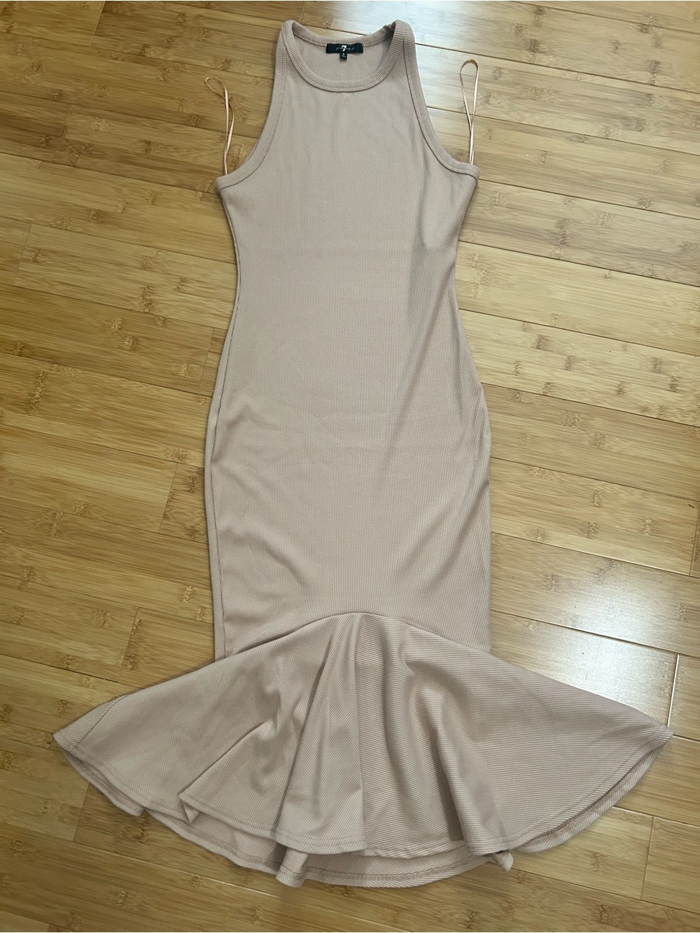 7 For All Mankind Sleeveless Ribbed Mermaid Maxi Dress in tan.
